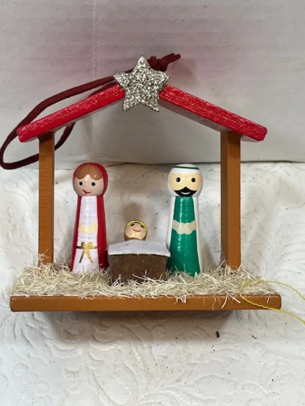 Mini Handmade Wooden Peg Nativity Manger Scene Christmas Ornament Star Decor3.5